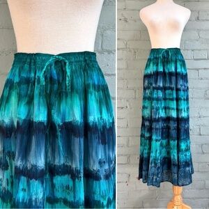 Vintage Teal and Blue Indian Cotton Tie-Dye Maxi Skirt